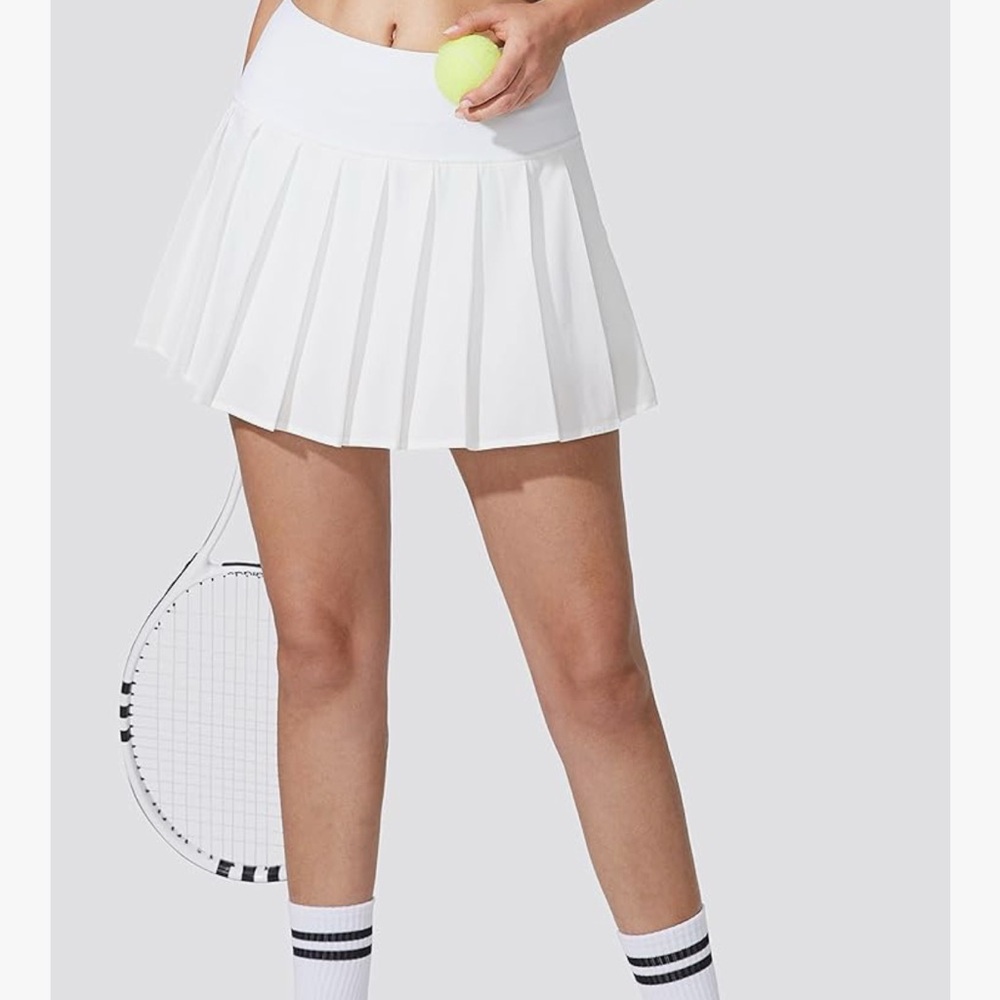 White Tennis Skirt with Build in Shorts, Ball Pocket, and back waistband pocket